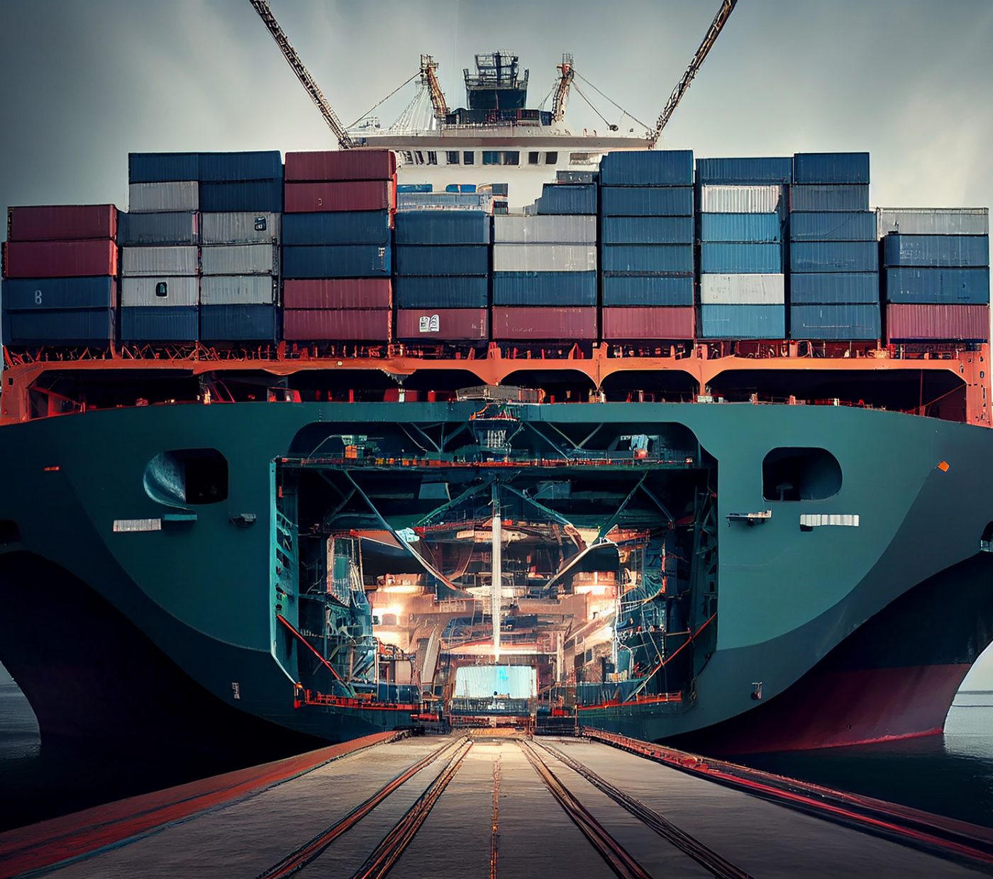 large cargo ship with containers in the port ,generative artificial intelligence